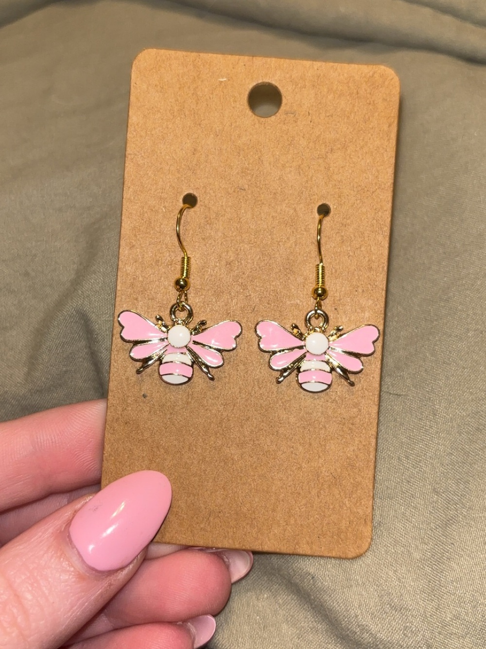 Delicate Pink Bee Drop Earrings with Gold Accents